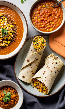 Thanksgiving Corn And Turkey Wraps Adjacent To A Bowl Of Pumpkin And Lentil Ste. Generative AIの素材