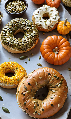 Thanksgiving Corn And Pumpkin Seed Bagel. Generative AIの素材
