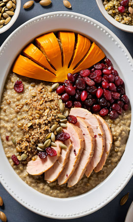 Thanksgiving Pumpkin Seed Porridge With A Bowl Of Turkey And Cranberry Quino. Generative AIの素材