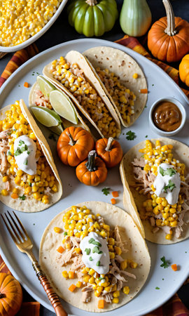 Thanksgiving Creamed Corn Paired With A Tray Of Turkey And Pumpkin Taco. Generative AIの素材