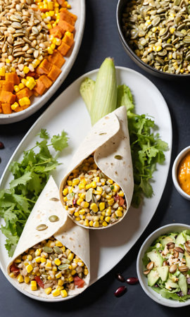 Thanksgiving Corn And Turkey Burritos Beside A Plate Of Pumpkin Seed Sala. Generative AIの素材