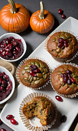 Thanksgiving Pumpkin Seed Muffins With A Side Of Turkey And Cranberry Sauc. Generative AIの素材
