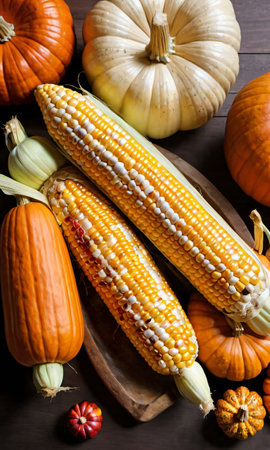 Thanksgiving Corn On The Cob Resting Beside A Whole Pumpki. Generative AIの素材