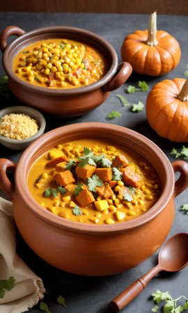 Thanksgiving Corn And Pumpkin Curry In A Clay Po. Generative AIの素材