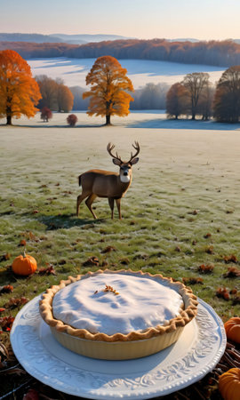 Thanksgiving Pie On A Frosty Meadow With Deer Grazing In The Distanc. Generative AIの素材