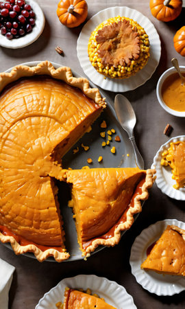 Thanksgiving Pumpkin And Turkey Thanksgiving Pie With A Side Of Corn And Cheese Fritter. Generative AIの素材