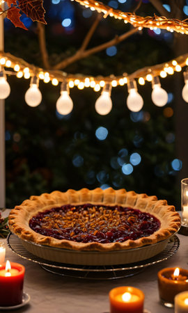 Thanksgiving Pie Under A Canopy Of Twinkling Fairy Light. Generative AIの素材