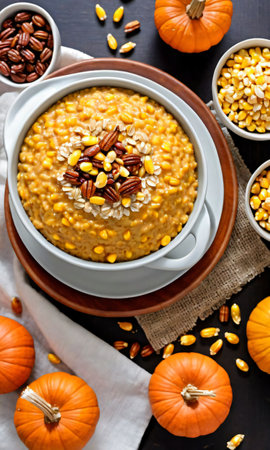 Thanksgiving Pumpkin And Corn Kernel Oatmea. Generative AIの素材