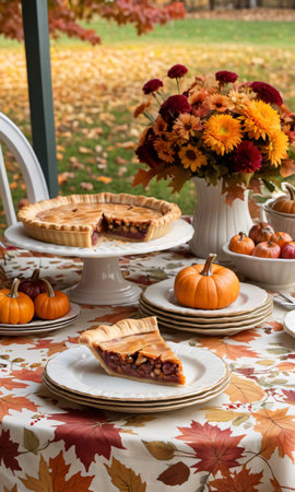 Thanksgiving Pie On A Floral-Patterned Tablecloth In A Gazeb. Generative AIの素材
