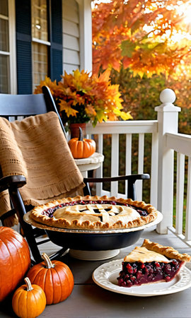Thanksgiving Pie On A Sunlit Porch With Rocking Chair. Generative AIの素材