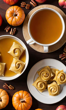 Thanksgiving Spiced Apple Cider, Pecan Rolls, And Pumpkin Raviol. Generative AIの素材