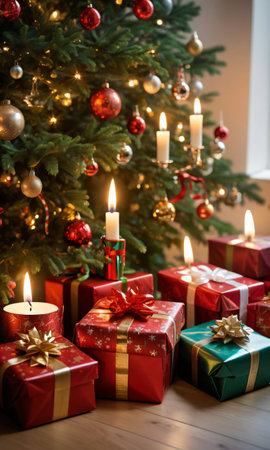 Christmas Presents Stacked Under A Tree, The Wrapping Paper Glistening In The Candlelight. Generative AIの素材