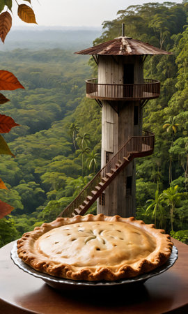 Thanksgiving Pie On A Watchtower Overlooking A Dense Jungl. Generative AIの素材