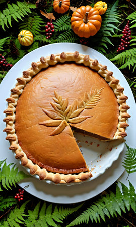 Thanksgiving Pie On A Forest Path With Ferns Aroun. Generative AIの素材