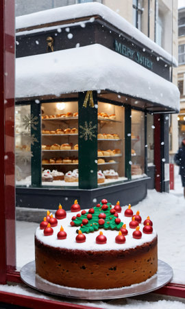 A Christmas Cake Displayed In A Bakery Window, The Street Outside Covered In Snow. Generative AIの素材