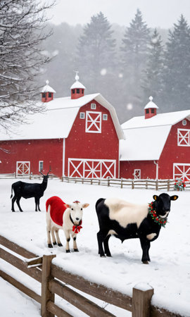 A Snowy Farm With Animals Adorned With Festive Collars. Generative AIの素材
