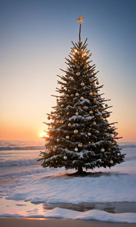 A Christmas Tree On A Snowy Beach, The Waves Gently Illuminated By The Setting Sun. Generative AIの素材