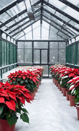 A Festive Greenhouse Filled With Poinsettias During A Snowfall. Generative AIの素材