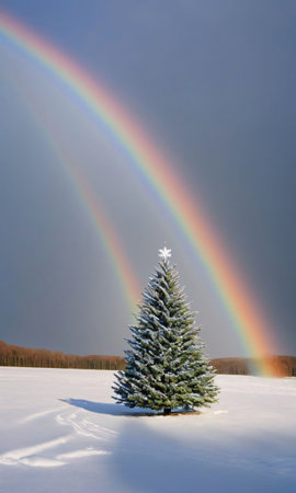 A Christmas Tree In A Snowy Field, Under A Rainbow. Generative AIの素材