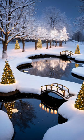 A Festive Pond With Snowy Banks Adorned With Lights And Ribbons. Generative AIの素材
