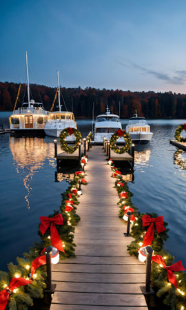 A Festive Dock With Boats Adorned With Lights And Wreaths. Generative AIの素材