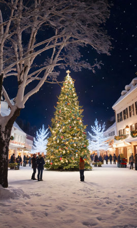 A Snowy Town Square With A Giant Decorated Tree And String Lights. Generative AIの素材