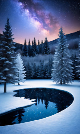 A Frozen Pond Surrounded By Decorated Trees Under Starry Skies. Generative AIの素材