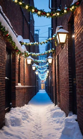 A Snowy Alleyway Decorated With Garlands And Illuminated By Streetlights. Generative AIの素材