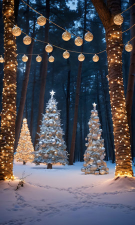 A Festive Forest With Trees Adorned With Ornaments And Lights At Dusk. Generative AIの素材