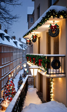 Christmas Decorations Adorning A Snowy Balcony, The Street Below Illuminated By Streetlights. Generative AIの素材