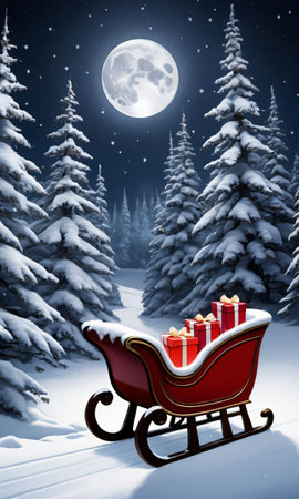 A Sleigh Filled With Wrapped Gifts In The Moonlit Snowy Woods. Generative AIの素材