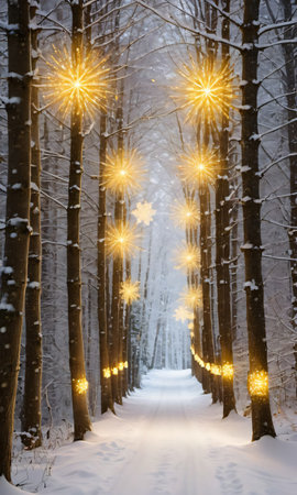 A Snowy Forest Path Lined With Trees Adorned With Golden Lights. Generative AIの素材