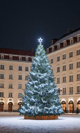 A Christmas Tree In The Center Of A Snowy Town Square, The Surrounding Buildings Warmly Lit. Generative AIの素材