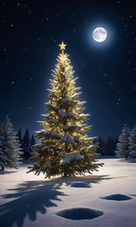 A Christmas Tree Glowing Under The Soft Moonlight, Casting Long Shadows On The Snowy Ground. Generative AIの素材