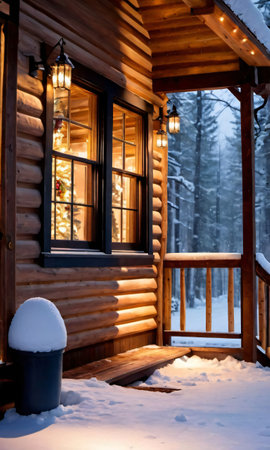 A Snowy Cabin With A Decorated Porch And Warm Interior Lighting. Generative AIの素材