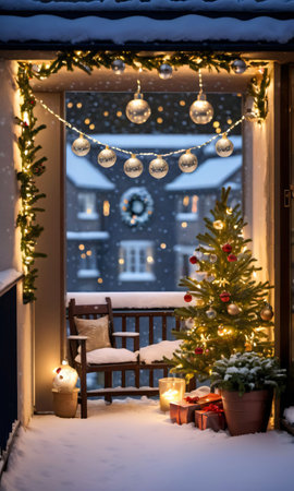 Christmas Decorations Adorning A Snowy Balcony, The Garden Below Illuminated By The Soft Glow Of Fairy Lights. Generative AIの素材