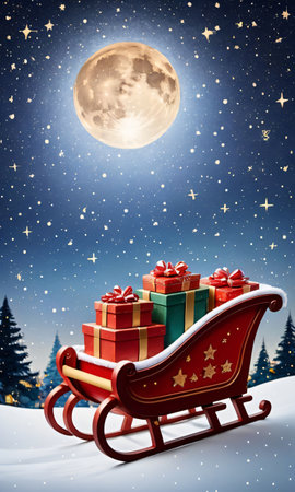 SantaÃ¢ÂÂS Sleigh Filled With Gift Boxes Under Starry Night Sk. Generative AIの素材