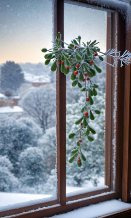 A Frosty Window With A View Of Mistletoe And Snowfal. Generative AIの素材