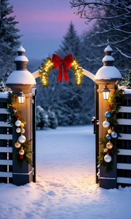 Christmas Decorations Adorning A Gate In A Snowy Landscape, Captured In The Soft Light Of Twilight. Generative AIの素材