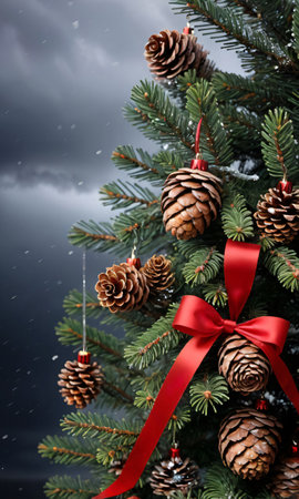 Pine Cones And Ribbon Decorating A Christmas Tree In A Stormy Settin. Generative AIの素材