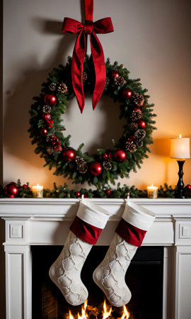 A Wreath And Stockings Hanging Together On A Fireplace In Low Lightin. Generative AIの素材