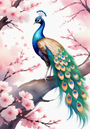 A Peacock Sitting On A Branch Of A Tree With Pink Flowers. Generative AIの素材