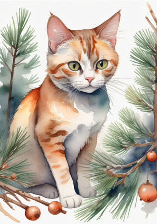 A Watercolor Painting Of A Cat Sitting In A Pine Tree. Generative AIの素材