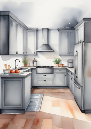 A Kitchen With A Sink And A Refrigerator. Generative AIの素材