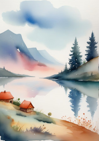 Watercolor Landscape With A House And Mountains. Generative AIの素材