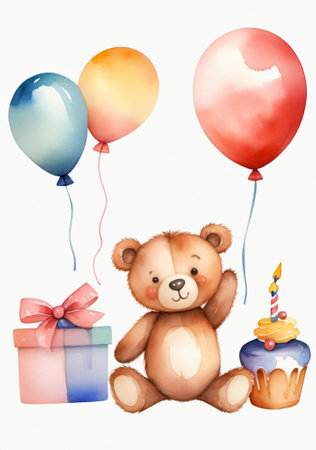 A Teddy Bear With Balloons And A Birthday Cake. Generative AIの素材