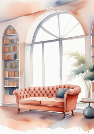 A Living Room With A Couch And A Bookcase. Generative AIの素材