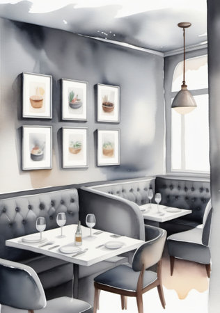 A Watercolor Sketch Of A Restaurant Interior. Generative AIの素材