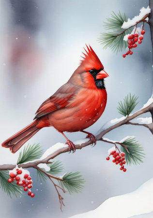 A Cardinal Bird Perched On A Branch With Berries. Generative AIの素材