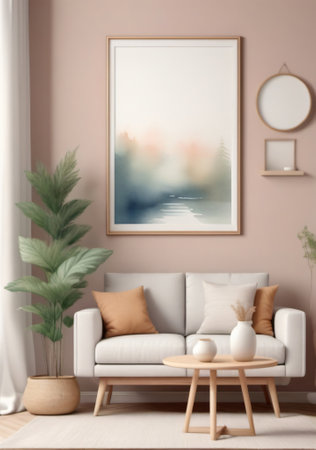 A Living Room With A White Couch And A Large Painting On The Wall. Generative AIの素材